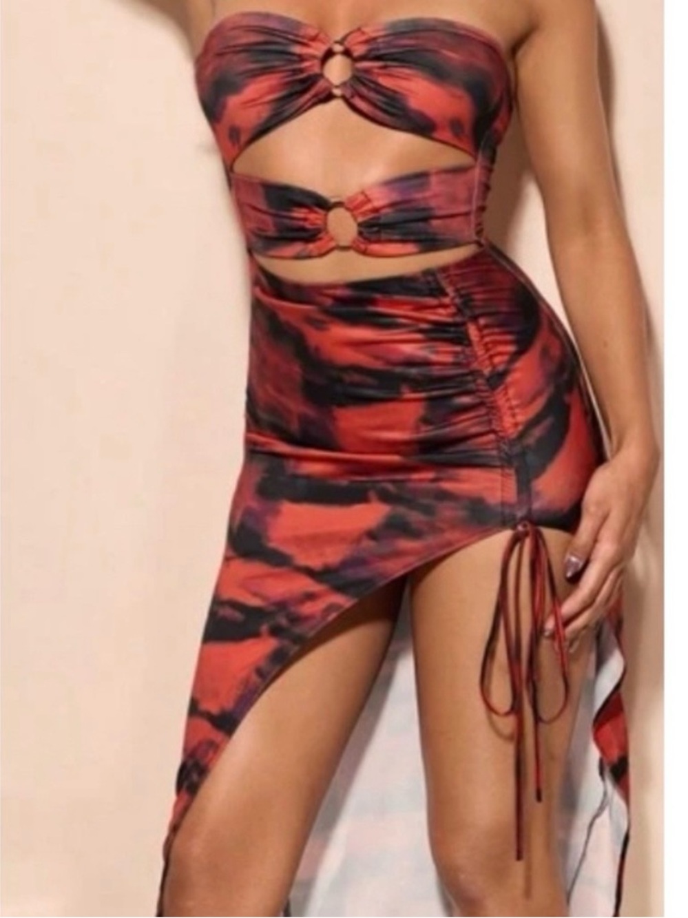 Red Tie-Dye Asymmetrical Drawstring Dress
